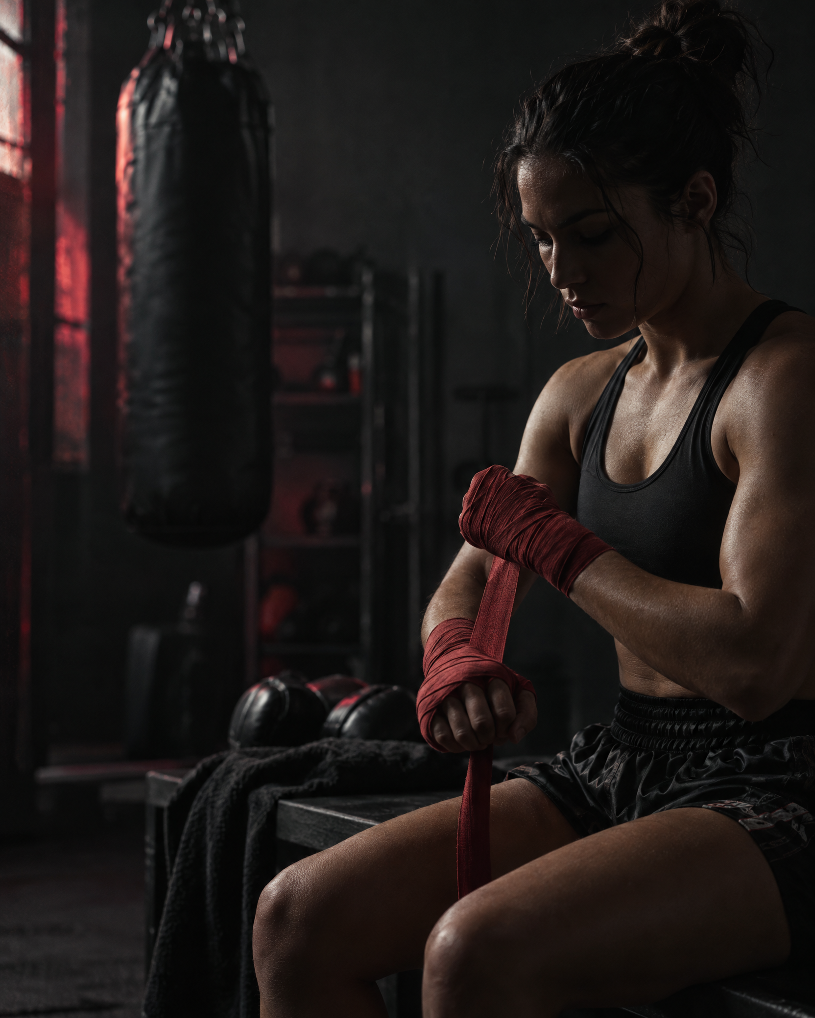 Antrenman öncesi ellerini saran kickboks sporcusu
