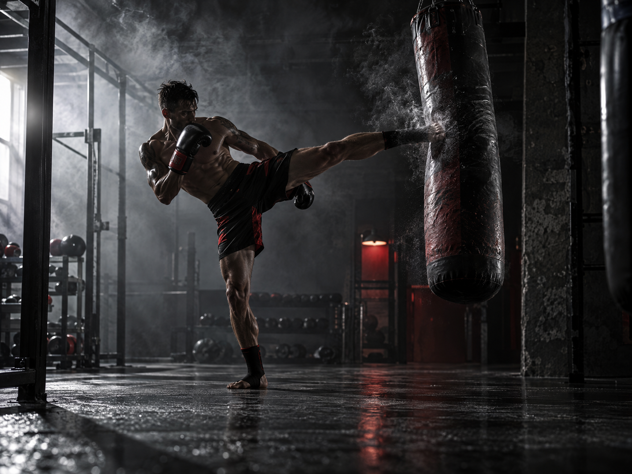 Loş salonda antrenman yapan bir kickboks sporcusu